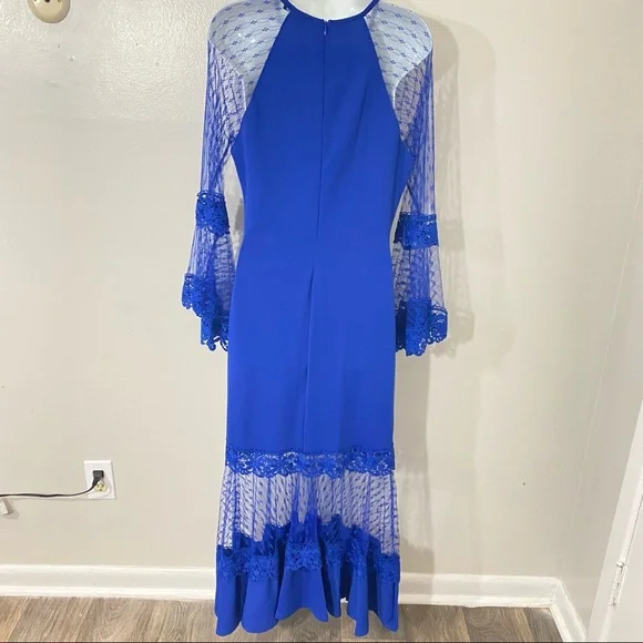 New Bell Sleeve Mesh Fit and Flare Royal Blue Women’s Formal Dress - Picture 8 of 10